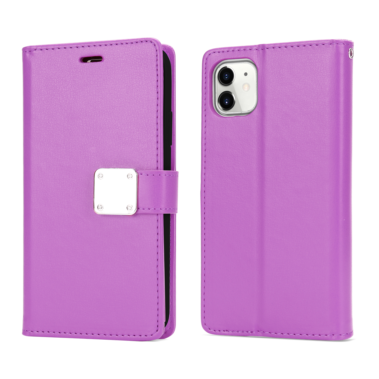 Multi Pockets Folio Flip Leather Wallet Case with Strap for IPHONE 12 Pro Max 6.7 (Purple)